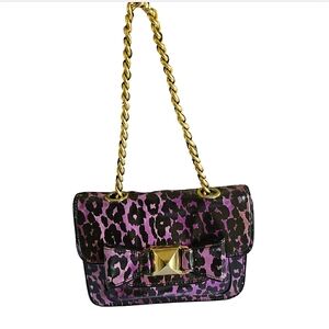 Betsey Johnson Bag Purple Black Leopard Print Leather Chain Strap Shoulder Purse